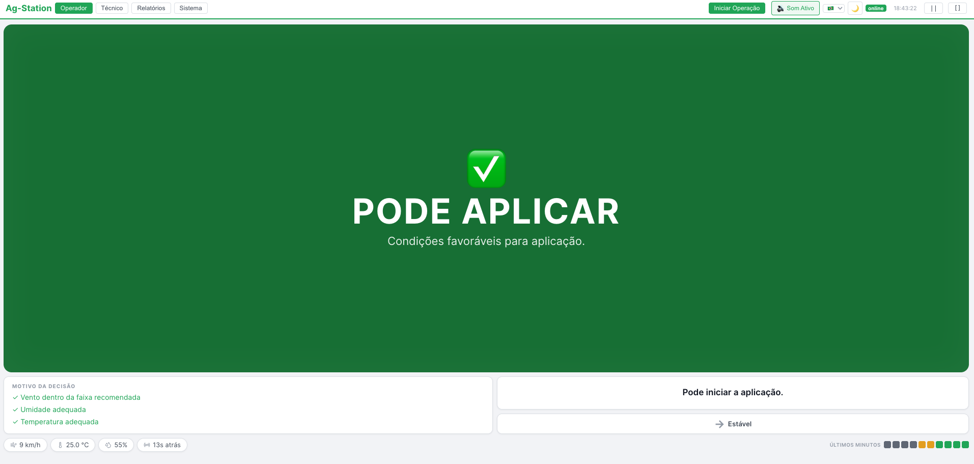 Tela de operação do Ag-Station mostrando decisão de pulverização